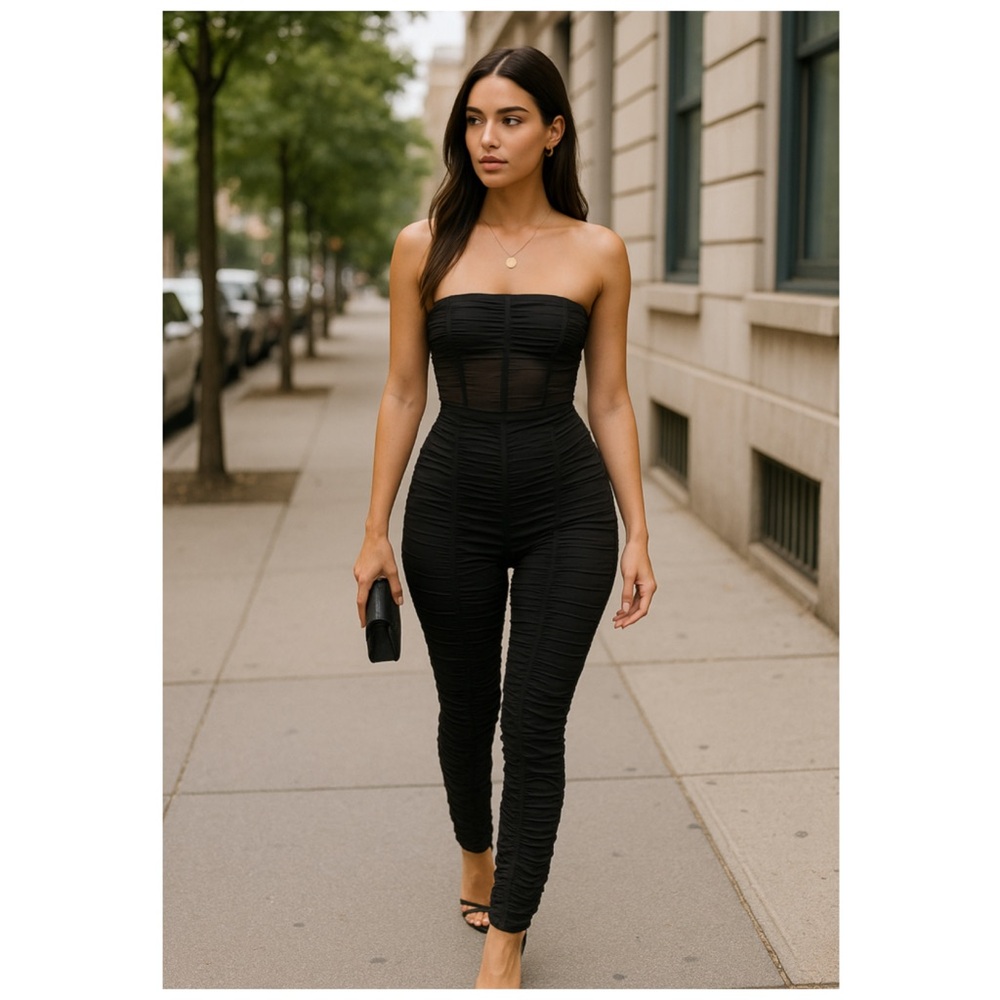 I AM GIA Ophelia Black Mesh Strapless Ruched Jumpsuit NWT S